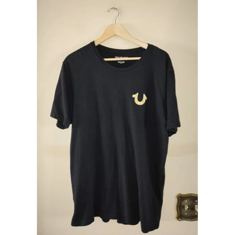 Men's True Religion Black T-Shirt with 3D Print Big Buddha Logo Size XL